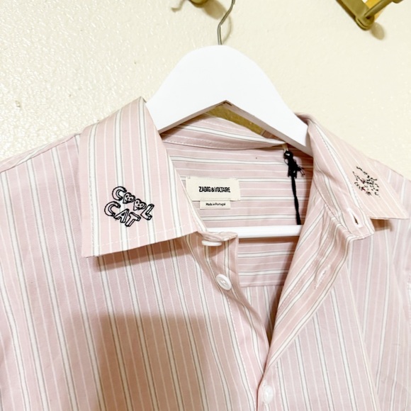 Zadig & Voltaire Cool Cat striped button up light pink cotton embroidered shirt - Picture 9 of 12
